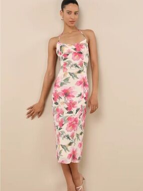 Lulu's Harleigh Light Yellow Floral Column Halter Midi Dress size S nwt
